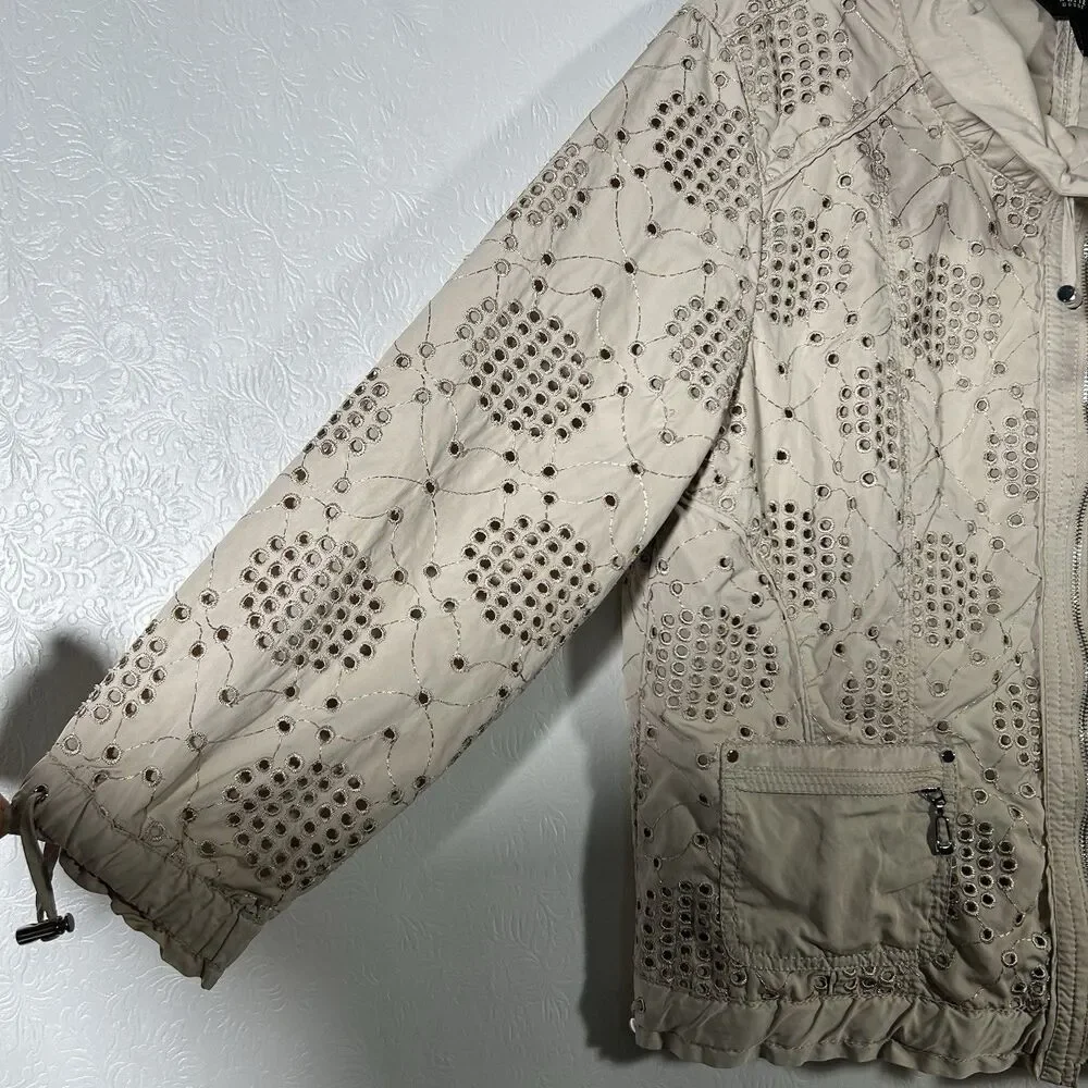 White House Black Market WHBM Sz 12 Beige Eyelet Jacket Full Zip Mock Neck Boho
